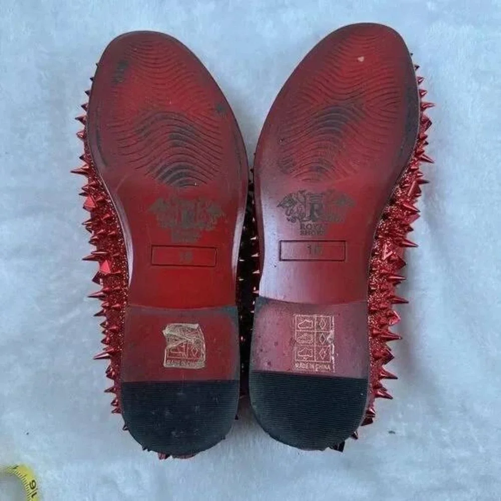 Royal‎ Shoes Mens Red Glitter Spiked Loafers Studded Slip On Dress Shoes Size 10